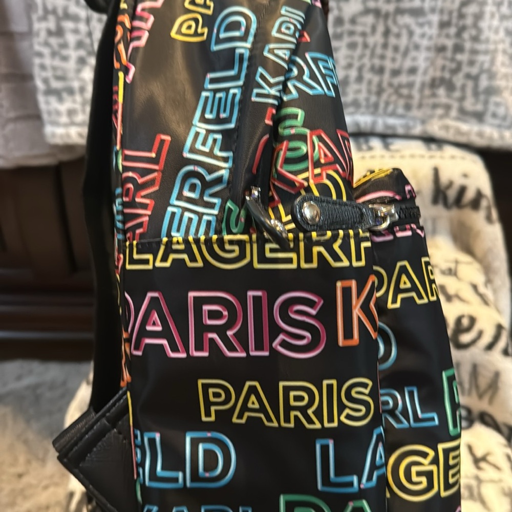 NWT Karl Lagerfeld Nylon Multi Color Backpack With 2 Side Pockets & Front Pocket - Picture 4 of 16